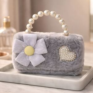 Plush Faux Fur Handbag with Pearl Handle and Flower Accent - Gray